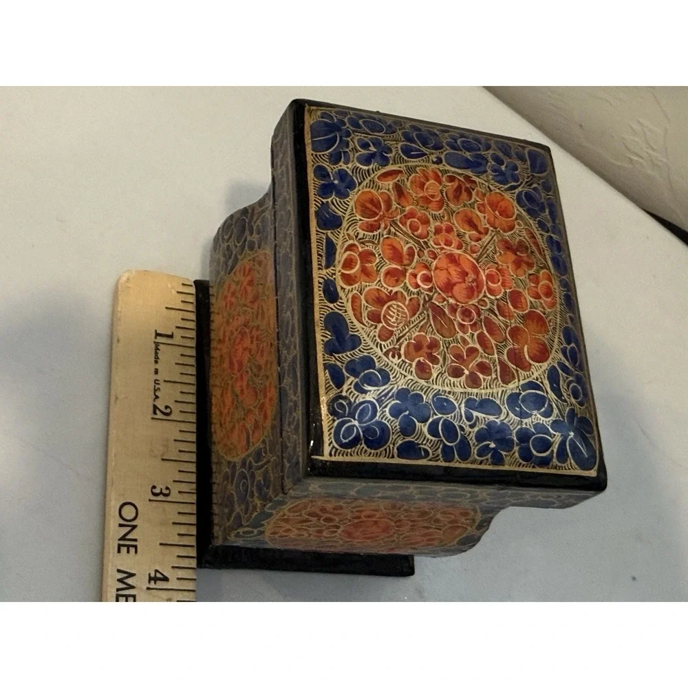 Vintage Papier Mache Enamel Box w Lid Ornate Letter Storage Keepsakes Small Blk